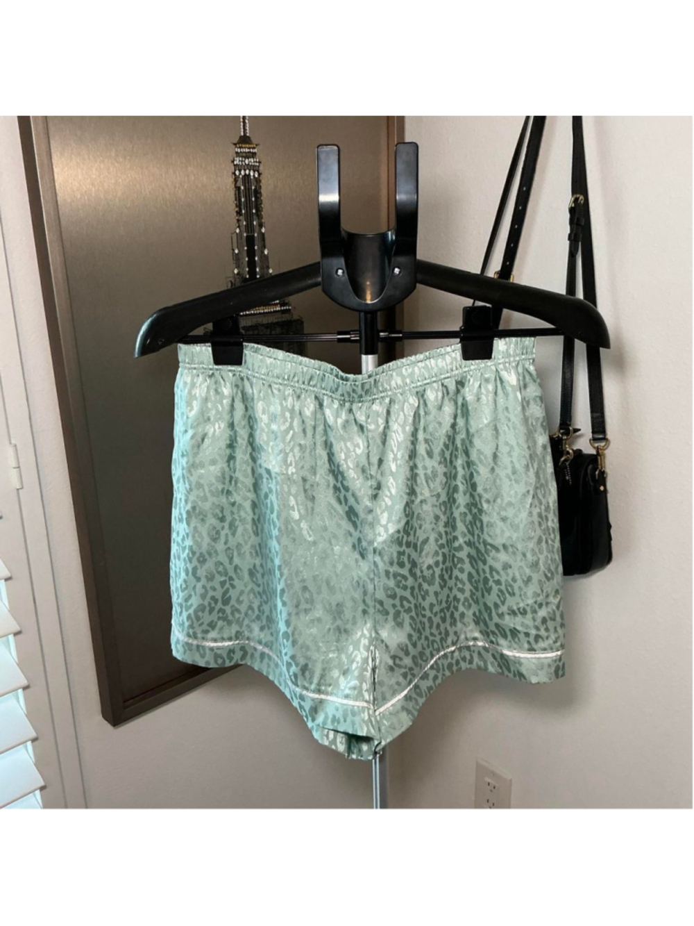 BCBGMAXAZRIA Satin Leopard Print Pajama Shorts Mint Green L